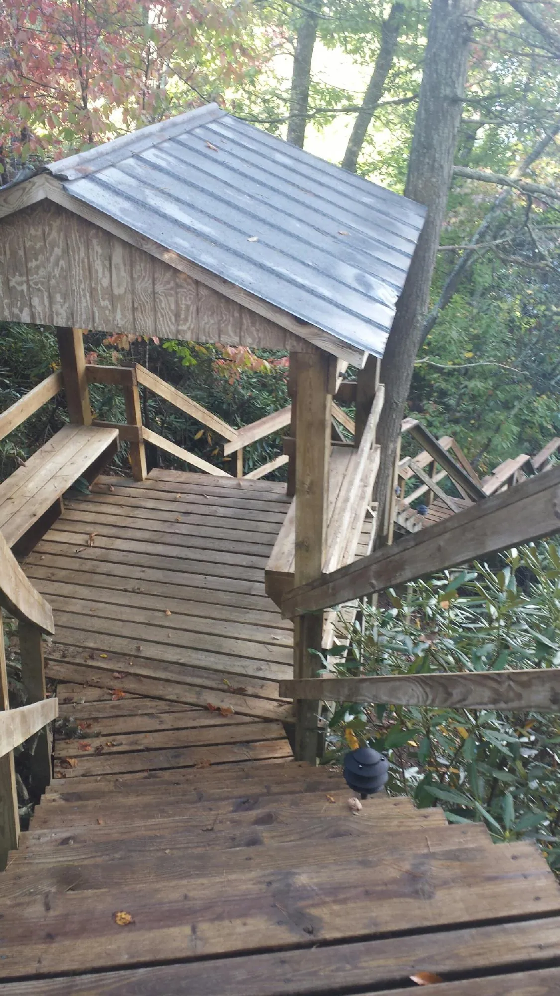 Metal roofed shelter over wooden steps on a wooded walkway — Skylight Repair & Installation work by our crew in Parker